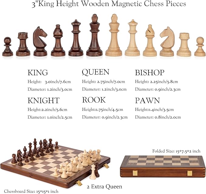 A&A 15" Magnetic Wooden Chess Set, Handmade 3" King Height Knight Staunton Chess Pieces with 2 Extra Queen, Folding Portable Travel Game Set