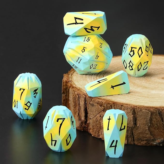 Metal DND Dice Set, Dungeons and Dragons DND Dice of 7 RPG Dice Set Metal Unique Cool Polyhedral D and D Dice with Cardboard Box for Role Playing Games TTRPG Gifts (Blue Yellow)