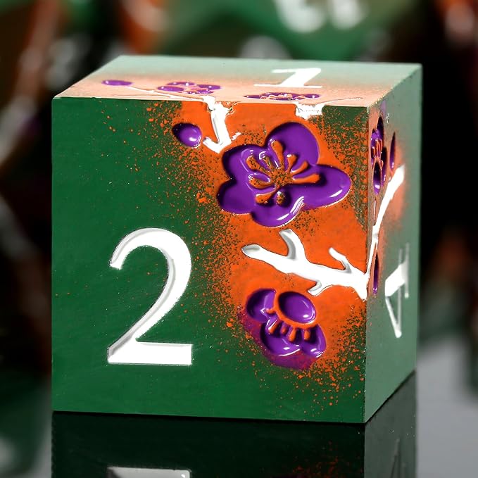 DNDND Metal Dice, 7 PCS Metallic Flowers D&D Dice with Gorgeous Gift Case for DND Dungeons and Dragon Tabletop Game (Army Green and Orange)