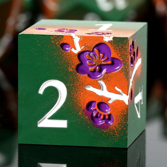 DNDND Metal Dice, 7 PCS Metallic Flowers D&D Dice with Gorgeous Gift Case for DND Dungeons and Dragon Tabletop Game (Army Green and Orange)