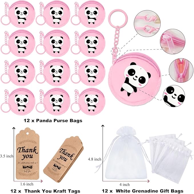 36 Pack Panda Change Purses Set Include 12 Wallets with Keyring,12 Thank You Tags and 12 Organza Bags for Panda Lover, Panda Themed Jungle Safari Animals Birthday Party,Pink