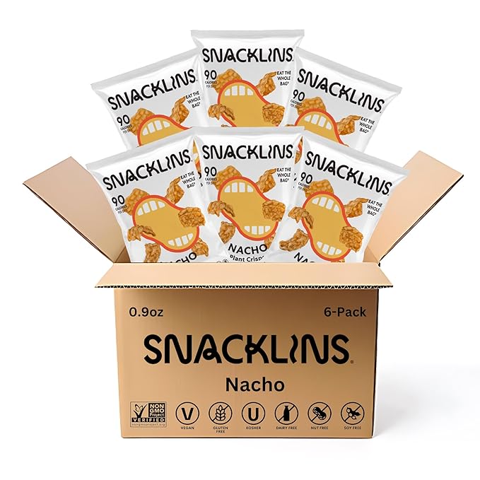 SNACKLINS Plant Based Crisps NACHO Flavor Crips - Gluten Free, Grain Free, 100% Kosher, Vegan Healthy Snacks, Crunchy Puffed Snack, Only 90 Calories Per Bag - .9oz (Case of 6)