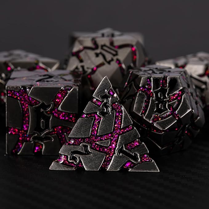 Metal Dice Set D&D,Crack Metallic DND Dice Set with Box, Metal Glitter RPG Dice for Dungeons and Dragons Table Game(Antique Silver Rose red)