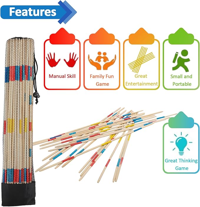 Large Pick Up Sticks, 19.60 Inch Wooden Pick Up Sticks Game for Kids, Classic and Funny Family Game (1 Pack Large Pick Up Sticks)