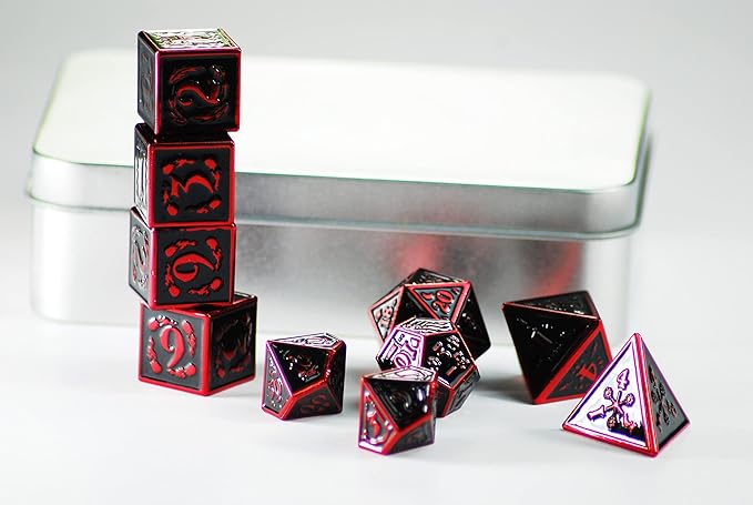 Metal Dice Set Collection for DND and All TRPG Games (Nightwatch, Red 10 Set)