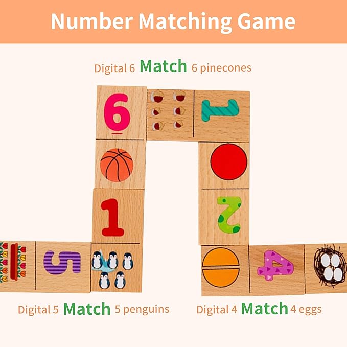 VORA Wooden Matching Game, 40Pcs Puzzle Games for Kids, Dominos for Kids, Quantity Relationship Matching Game, Double-Sided Matching Puzzles with Storage Bag, Montessori Toys for 3+ Year Old