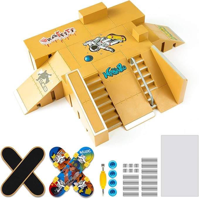 Fingerboard Skate Park Kit - Finger Skateboard Ramp Set with 8 Skatepark Deck Ramp and 4 Finger Skateboards, Astronaut Customization Fingerboard Skatepark for Boys Girls Gift