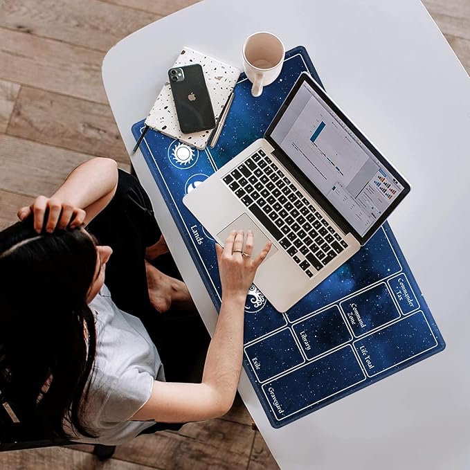 MTG Playmat Stitched with Magic Zone for MTG Card Game Playing, Commander Board Game Desk Mat Duel Mat Card Battles Binder Deck 24x14inches for Beginner, Galaxy Blue Mana