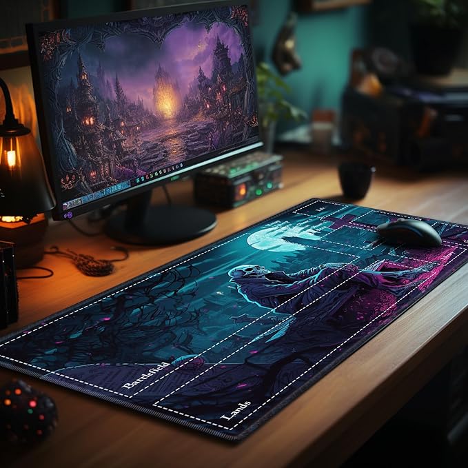 Playmat with Zones for MTG Card Game Playing, 24"x14" Commander Deck Gaming Desk Duel Mat for Beginner, Halloween Night Skeleton