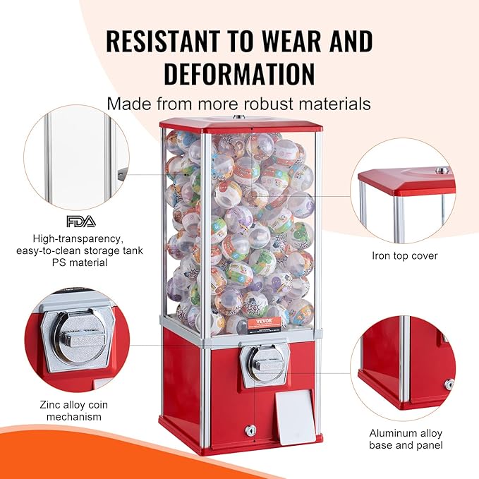 VEVOR Gumball Machine for Kids, 25" Height Home Vending Machine, PS Bouncy Balls Dispenser, Hold 230 Capsule Toys, Rectangle Bubble Gum Machine for Game Stores, Coin Operated Gumball Bank, Red