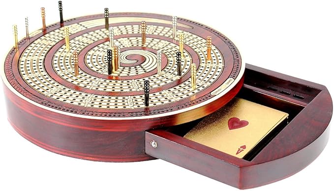 Cribbage Board Spiral Design Round Shape 4 Tracks Bloodwood/Maple with Place for Skunks, Corners & Won Games