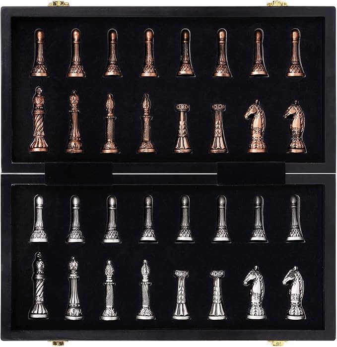 Retro Metal Chess Set for Adults and Kids – Marbling Chess Board with Chess Pieces – Travel Chess Set with Metal Pieces – Folding Chessboard – Ideal for Beginners and Professional Players