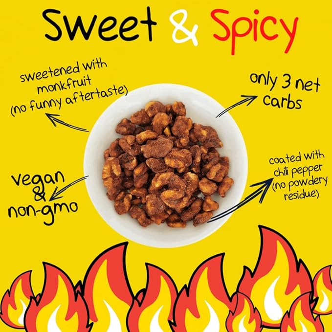 Crazy Go Nuts Walnuts Sweet & Spicy - Glazed Walnuts, Healthy Snacks, Vegan, Gluten Free, Superfood-Natural, Non-GMO, ALA, Omega 3 Fatty Acids, Good Fats, and Antioxidants - 1.25 Oz, 6-Pack