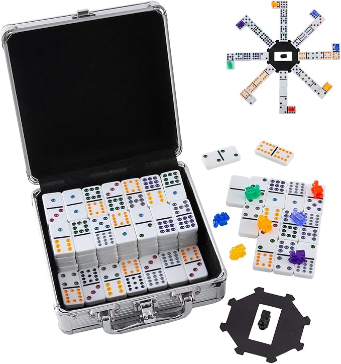 Double 12 Colored Dot Dominoes Mexican Train Game Set, 91 Tiles Dot Dominoes with 9 Trains, Scoreboard, Octagon Shape Hub and Aluminum Case