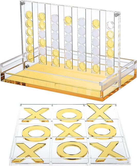 Set of 2 Acrylic Tic Tac Toe and 4 in a Row Classic Board Outdoor Games for Adults and Family Table Strategy Board Games for Living Room Table Guest Room Decor(Yellow and White)