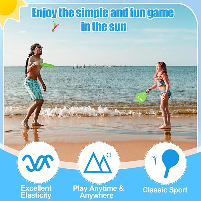 Beach Paddle Ball Set - Funny Paddleball Rackets Game, Outdoor Sports Toys for Kids Adults Family Games Beach Yard Lawn Party Supplies(4 Paddles, 13 Birdies, 4 Balls, 2 Drawstring Bags)