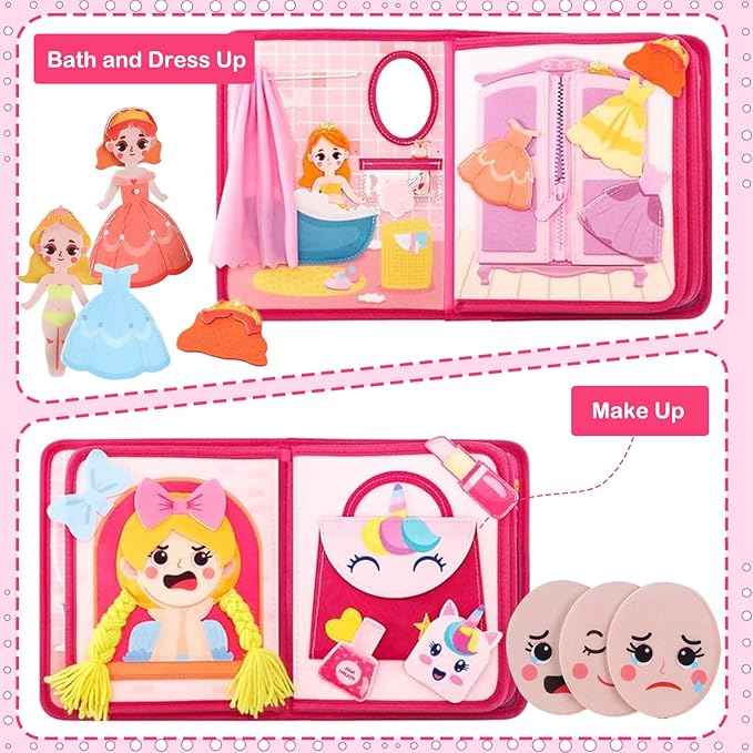 Busy Book for Toddlers 1-3, Princess Busy Board Toys for Girls, Montessori Preschool Learning Role Play Toy Book for Kids