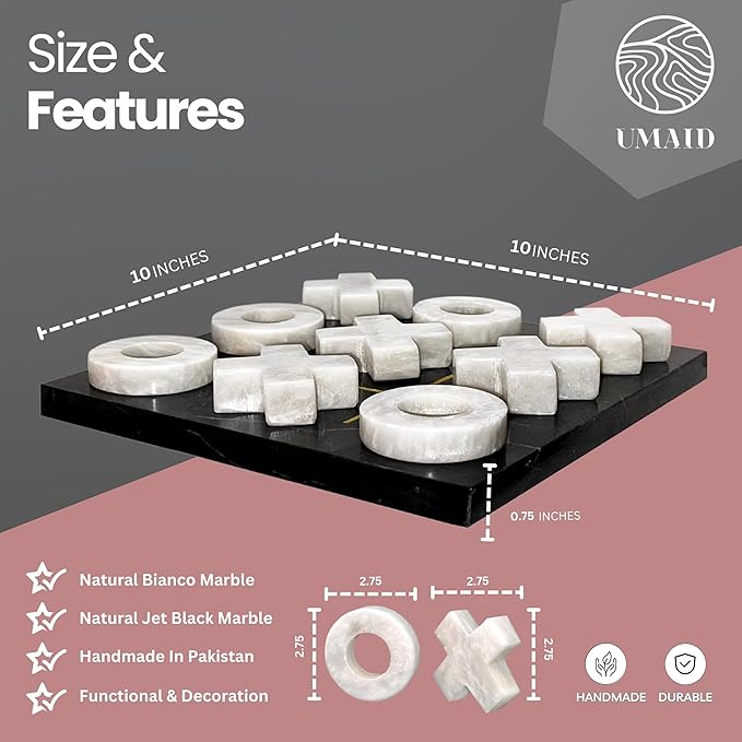 UMAID Marble Tic Tac Toe Game, Luxury Touch for Dad This Fathers Day, Handcrafted Marble Board with Velvet Gift Box, Solid Marble Unique Home Decor for Coffee Table, Desk, Office, Living Room