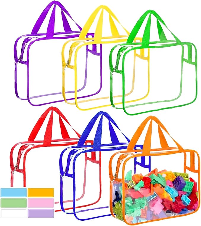 Clear Storage Bag with Zipper - Organizing Bags for Home Travel with Handles - for Building Blocks, Puzzle, Book, Board Game(6 colors, 6 Packs)