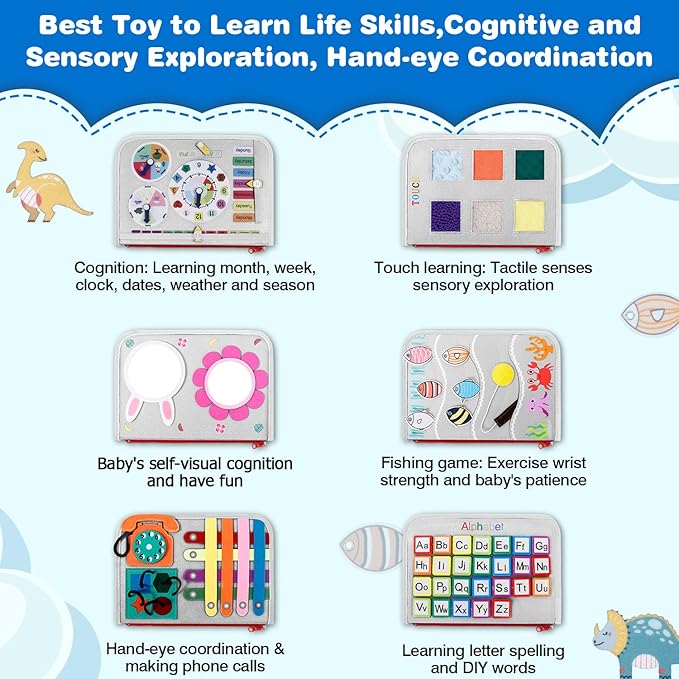 Busy Board Montessori Toys for Aged 1 2 3 4 Boy & Girl Birthday Gifts, Autism Sensory Travel Toys for Toddlers, Educational Activity Sensory Board Preschool Learning Fine Motor Skills Toys, Gray