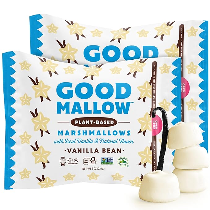 GoodMallow Vegan Marshmallows - Large Kosher Halal Gluten Free Dairy Free Healthy- Natural Gelatin Free Marshmallows for Hot Chocolate, Smores, Baking - Nothing Artificial (White Vanilla) (Pack of 2)