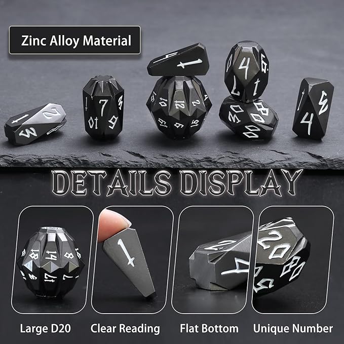 Metal DND Dice Set D and D, Dungeons and Dragons Dice of 7 RPG Dice Set Metal Unique Cool Polyhedral Dice Set with Cardboard Box for Role Playing Games TTRPG Gifts (Black)