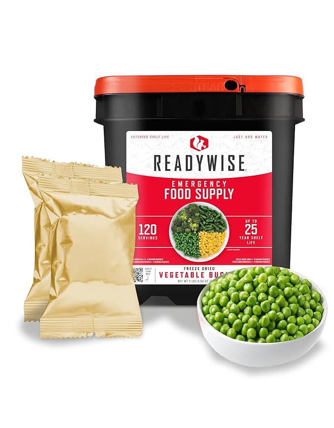 ReadyWise Emergency Food Supply - 120 Servings Freeze Dried Vegetables Bucket, Dehydrated Meals, Survival Food Kit for Backpacking, Camping Essentials & Prepping Supplies, up to 25 Year Shelf Life