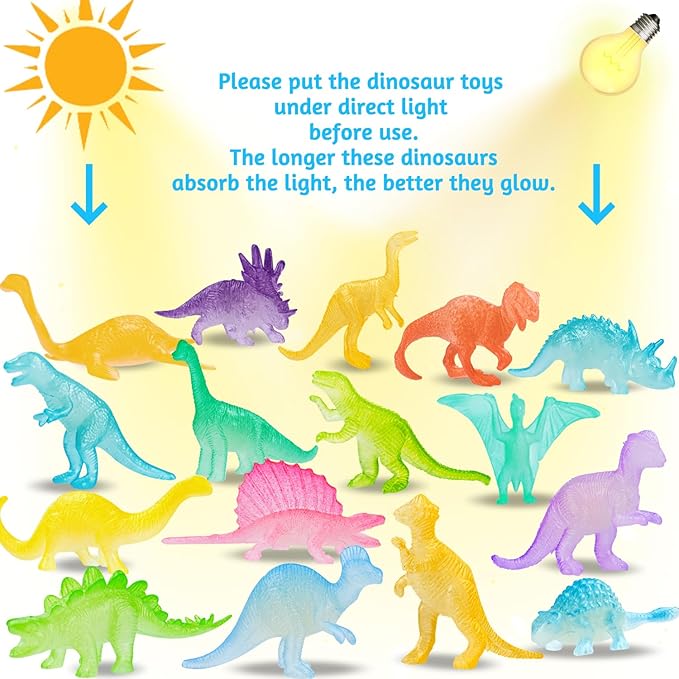 16PCS Glow in Dark Mini Dinosaur Figures for Kids Birthday Party Favors Supplies Dino Cupcake Topper Decoration Goodie Treat Bag Stuffers Pinata Fillers Treasure Carnival Prizes Small Bulk Toy Trinket