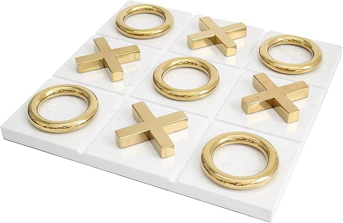 Marble Tic Tac Toe Game for Living Room Decor Centerpiece White and Gold XO with White Marble and Gold Color Stainless Steel Decorative Table Top X/O Board Coffee Table Décor