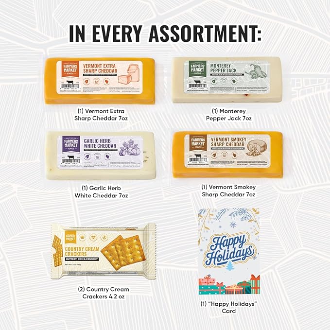 Farmers' Market Cheese Block Gift Box, Shelf Stable, Pasteurized, Locally Sourced Wisconsin, Classic Cheese Assortment