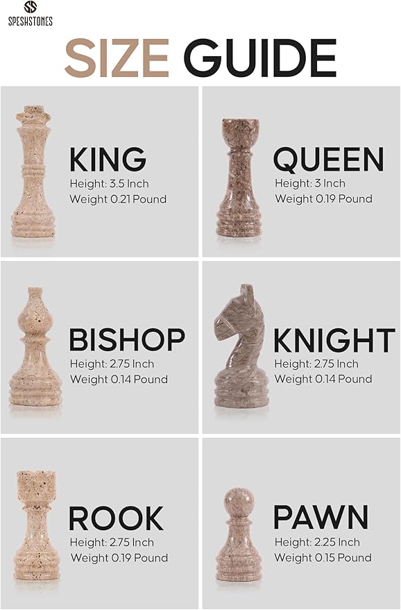 Marble Chess Set 15 Inch Travertine & Oceanic Checkers Board Game with Pieces, 2 Extra Queens and Storage Box, Strategy Set for Adults & Family, Travel, Tabletop Play