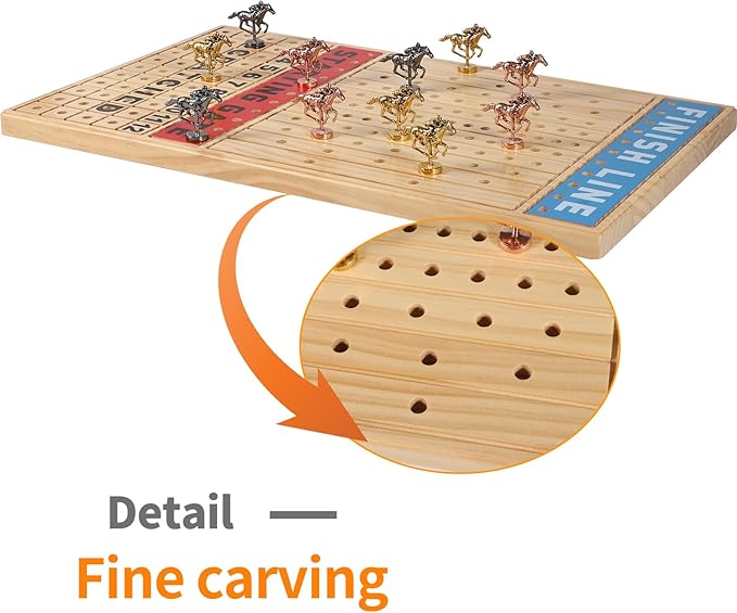Large 21 inches Horse Racing Board Game Thickened Solid Wood with 11 Luxurious Durable Classic Metal Horses Including Dice and Cards Finish LINE Race Game Board Racing Game Set (Large, Log)