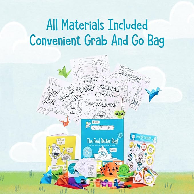Open The Joy Feel Better Bag: Kids' Get Well Soon Gift Basket with 25+ Fun Activities - Playing Cards, Origami, Games, Clay Art, Magic Tricks - Ideal Gift for Kids Recovering from Surgery - Ages 4+