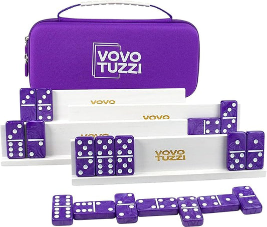 Dominos Set for Adults, Double 6 Dominoes Set with 4 Domino Wooden Racks, Marble Purple Dominos for Kids and Adults with Portable Travel Case, Classic Board Games for Family