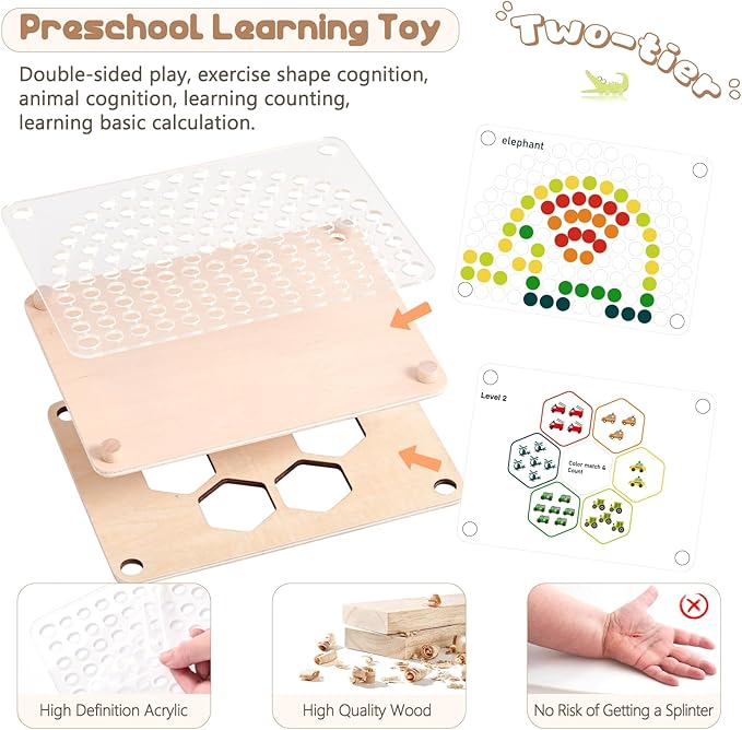 ibwaae Wooden Peg Board Beads Game Color Matching Toys for Toddlers Counting Toy for Preschoolers Learning Montessori Toys Fine Motor Math Gift for Girls and Boys