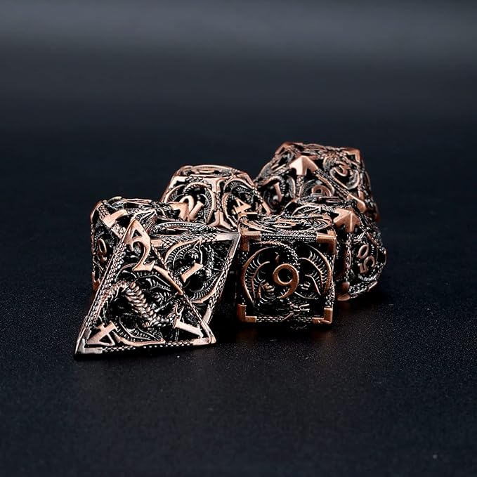 Hollow Metal DND Dice 7Pcs Set for Dungeons and Dragons RPG MTG Table Games D&D Pathfinder Shadowrun and Math Teaching,Large D4,D6,D8,D10,D12,D20 freaky multi sided Dice Set D and D Dice with Gift Box