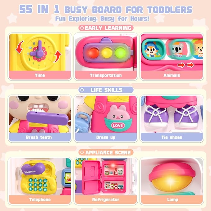 Musical Busy Board Montessori Toys for Toddler 1-3, Early Educational Montessori Toy for 1 2 3 year old Girls, Developmental Toy for 12-18 Month Age, Birthday Gifts Toys for 1+ Year Old Girls