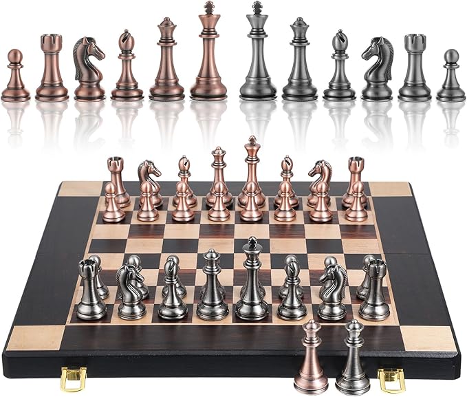 15-Inch Large Metal Chess Set for Adults and Kids with Metal Chess Pieces – Foldable Wooden Board with Storage, Portable Classic Game Set for Travel & Home, Elegant Gift for Chess Enthusiasts