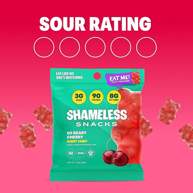 Shameless Snacks - Healthy Low Calorie Snacks, Low Carb Keto Gummies (Gluten Free Candy) - 6 Pack So Beary Cherry