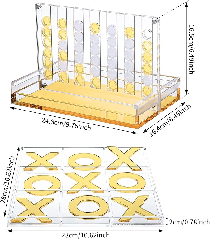 Set of 2 Acrylic Tic Tac Toe and 4 in a Row Classic Board Outdoor Games for Adults and Family Table Strategy Board Games for Living Room Table Guest Room Decor(Yellow and White)