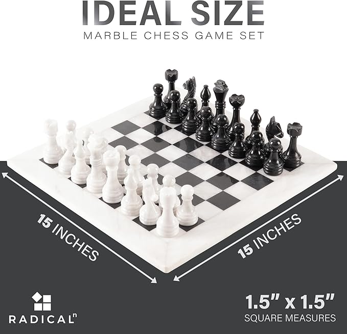 Radicaln Marble Chess Set with Storage Box 15 Inches White and Black Handmade 1 Chess Board with 32 Chess Pieces - Chess Game for 2 Player Board Game Chess Sets for Adults