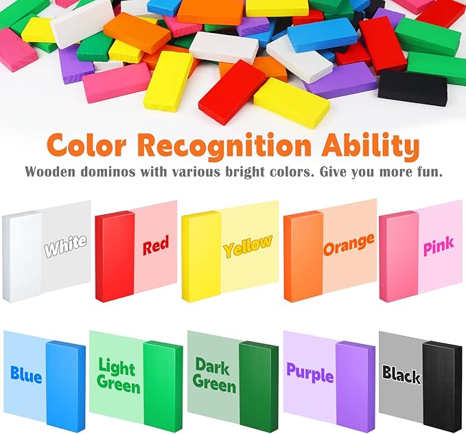 PEBIRA Large Dominoes for Kids, Wooden Dominos Set Include 200 PCS Colorful Domino Blocks, 11 Add-on Tricks and 1 Storage Bag, Bulk Building Dominoes, Kits Gift for Boys Girls Adult