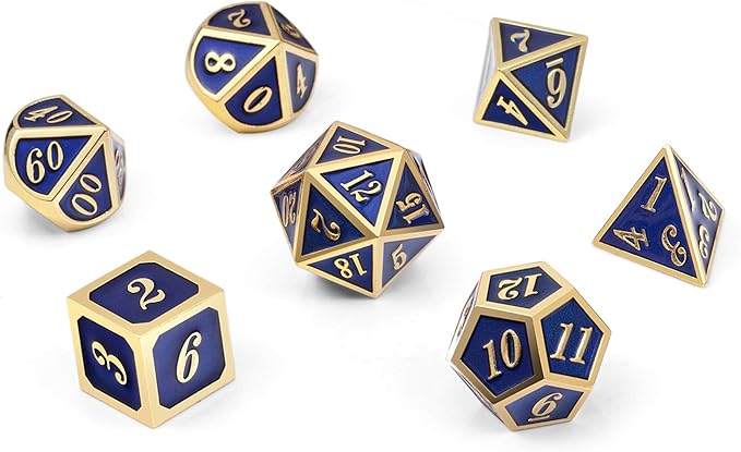 DnDnD Heavy Polyhedral Metal Dice Set with Metal Box, 7-die Shiny Blue Surface with Golden Number for RPG,Dungeons and Dragons,Pathfinder,Shadowrun,D&D,Role Palying Game and Math Teaching