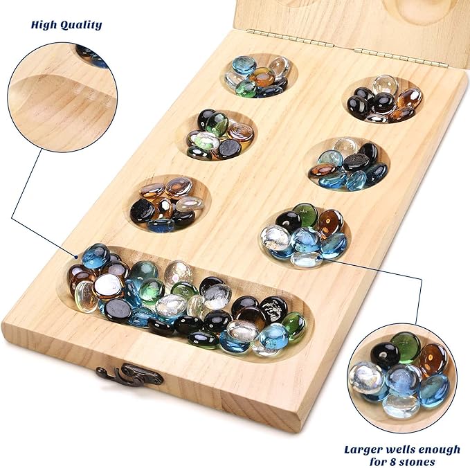 AMEROUS Wooden Mancala Board Game Set - Upgraded Larger Size - 72+8 Bonus Multi Color Glass Stones - Folding Board - Gift Package -Instructions, Portable Board Game for Adults, Kids