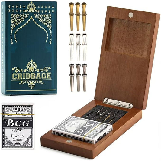 Wooden Cribbage Board Game Set, Travel Cribbage Board with Storage and Collapsible, with Magnetic Lock / 9 Metal Pegs/Full Deck of Cards, Family Board Games for Kids and Adults