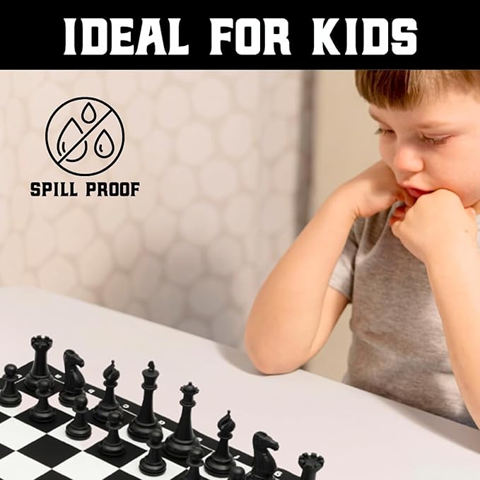 15 Inch Silicone Chess Board with Black Borders - Foldable, Spill-Proof, Stain-Resistant, Roll-Up Travel Chess Board for Adults and Kids - Portable, Durable, Easy to Clean, for Home, School or Travel