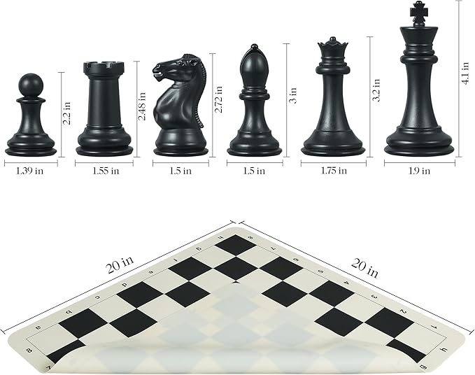 Tournament Chess Set with 20" Silicone Chess Board Mat - 4" King Plastic Weighted Staunton Pieces 2 Extra Queens - Portable EVA Carrying Case for Travel