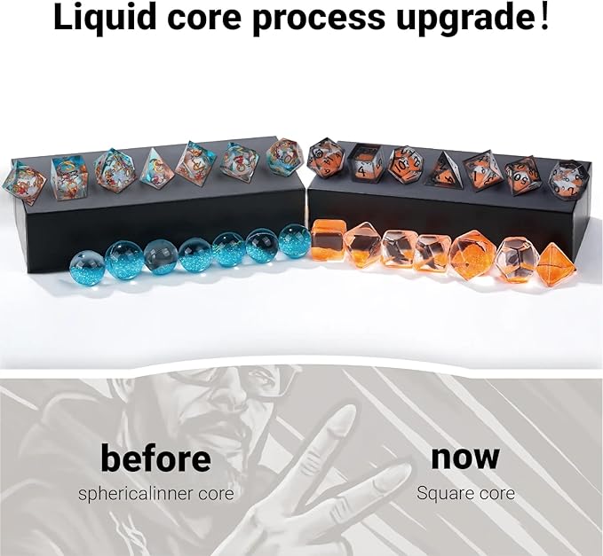 DND Dice Set - Handcrafted Liquid Core Sharp Edge 7-Die Resin Dice with Colorful Quicksand Effect，for DND, RPG, MTG, Tabletop Games（Rebel ESSENC）