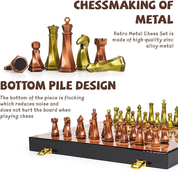 Large Metal Chess Set for Adults – 15" Wooden Chess Board with Metal Chess Pieces Travel Chess Sets with Metal Chessmen – Collectible Elegant Chess Game – Family Vintage Board Game
