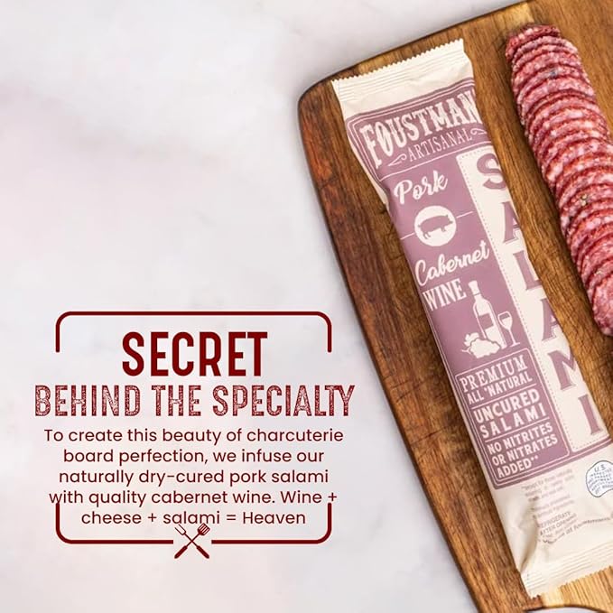 Foustman's Salami Pork Cabernet Wine Artisanal, Nitrate-Free, Naturally Cured, Gluten-Free, Dairy-Free, Pack of 3, 8 Oz Each